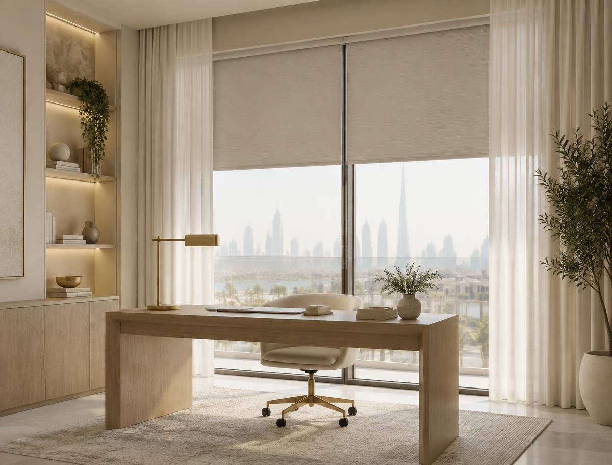 Made-to-measure roller blinds in a modern Dubai interior
