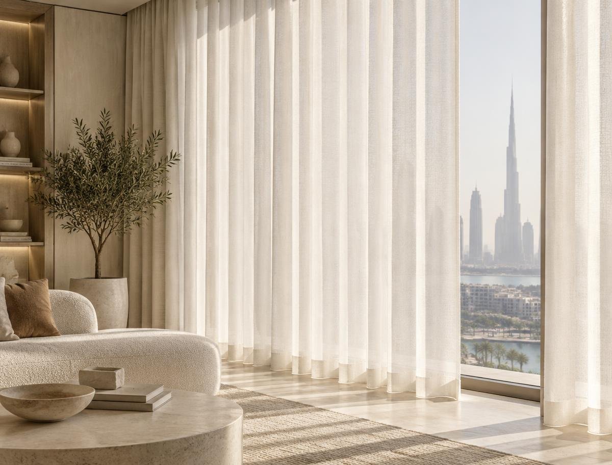 Made-to-measure wave sheer curtains in a modern Dubai interior